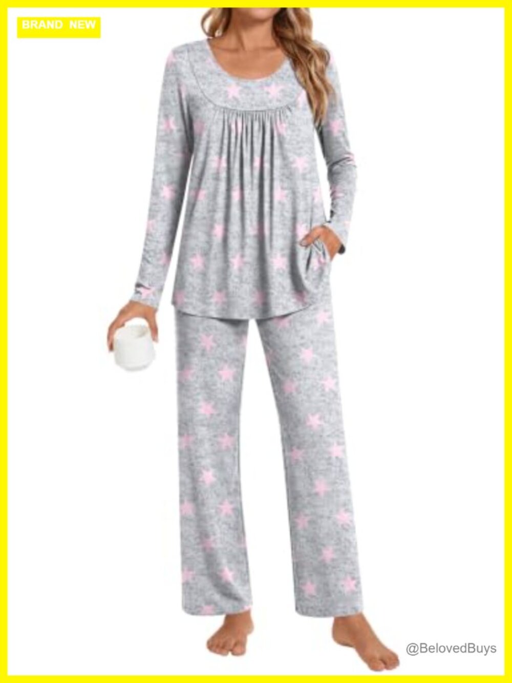 Women's 2 Piece Pajama Set Soft Pleated Long Sleeve Pockets
